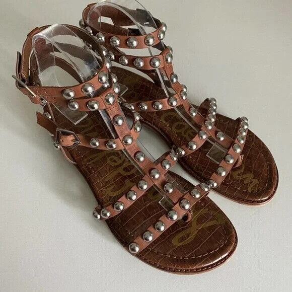 Sam Edelman Eavan Beaded Stud Sandal Brown Cage Gladiator Silver Metal Thong 7.5 - Picture 5 of 8